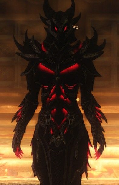 Black Armor Female, Dragon Armor Female, Black And Red Armor, Skyrim Daedric Armor, Red And Black Dragon, Armor Mask, Red Armor, Daedric Armor, Skyrim Cosplay