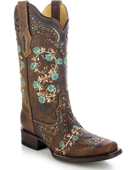 Corral Womens Studded Floral Embroidery Cowgirl Boots - Square Toe, Brown Western Leather Embellished Boots, Western Style Embellished Leather Boots, Cowgirl Boots Square Toe, Mode Country, Cowgirl Boots Square Toed, Classic Black Boots, Botas Western, Country Shoes, Jeans West