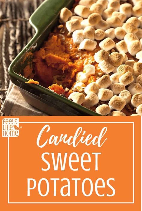 The best candied sweet potatoes recipe - Baked in the oven, this quick and easy traditional recipe is topped with marshmallows which roast for maximum flavor. This simple and easy recipe uses brown sugar and orange juice to make a sweet sauce. Simple and easy make ahead recipe. Great for family meals, Thanksgiving or Christmas dinner. #christmas #holidays #thanksgiving #turkeyday #thanksgivingday Thanksgiving Sweet Potatoes Marshmallows, Homeschool Meals, Candied Sweet Potato Recipes, Sweet Potato Oven, Sweet Potatoes With Marshmallows, Sweet Potato Recipes Baked, Sweet Potatoes Recipe, Easy Thanksgiving Recipes, Candied Sweet Potatoes