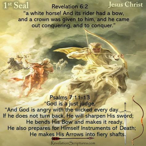 1st Seal Jesus Christ with a Bow & Crown Conquering - Book of Revelation Revelation Prophecy, Battle Of Armageddon, Biblical Images, Revelation Bible Study, Second Coming Of Christ, Revelation 6, Global Governance, Revelation 19, 4 Horsemen