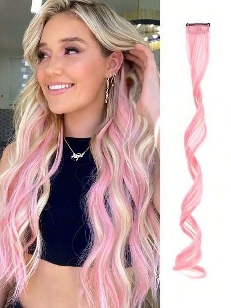 Pink  Collar  Synthetic Fiber  Clip-In Hair Extensions Embellished   Wigs & Accs Colorful Hair Extensions Ideas, Pink Clip In Hair Extensions, Color Hair Extensions Ideas, Pink Extensions Hair, Pink Extensions, Colored Extensions, Blue Hair Extensions, Concert Hair, Pink Hair Extensions