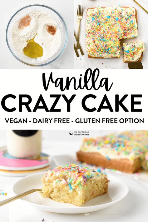 This Vanilla Wacky Cake is the most easy 1-bowl vanilla cake recipe ever! Plus, it's naturally egg-free, dairy-free and so a naturally vegan vanilla cake that take barely 10 minute to prepare. Egg And Dairy Free Cake, Gluten Dairy Egg Soy Nut Free Recipes Easy, Egg Free Vanilla Cake, Vanilla Wacky Cake Recipe, Vanilla Wacky Cake, Vanilla Crazy Cake Recipe, Allergen Free Cake, Vanilla Crazy Cake, Dairy Free Vanilla Cake