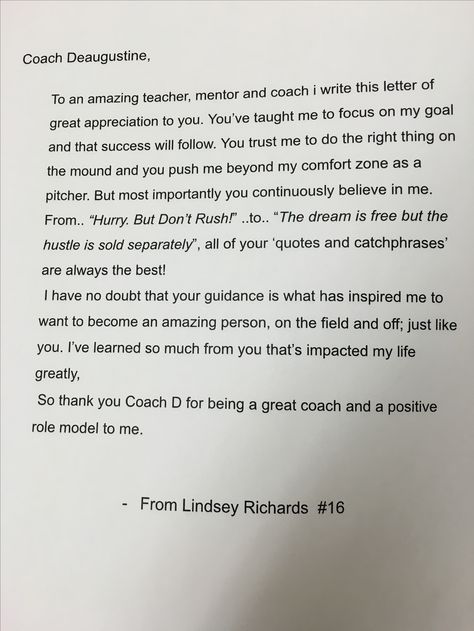 Goodbye Letter To Coach, Thank You Letter To Coach, Letters To Coaches Thank You, Goodbye Letters To Teacher, Senior Night Speech Ideas Sports, Softball Affirmations, Senior Speech Ideas Sports, Coach Appreciation Quotes, Softball Coach Quotes