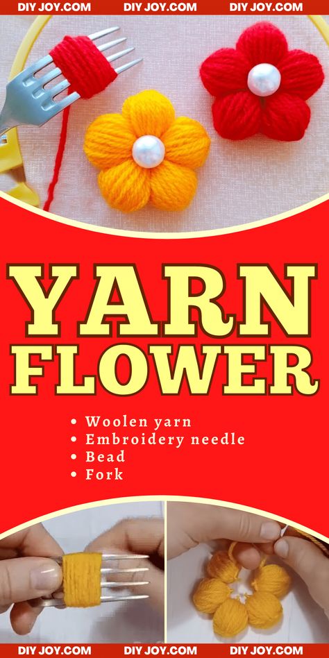 Crafts To Make Out Of Yarn, Yarn Daisy Diy, How To Make Yarn Flowers, Knitting Flowers Easy, Fork Flowers Craft, No Sew Yarn Crafts, Yarn Flowers Diy Simple, Yarn Flowers Diy How To Make, Quick Yarn Crafts