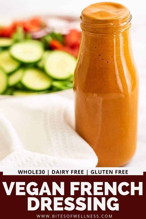 Healthy French dressing recipe is so easy to make and is naturally sugar free and so simple! This creamy, bold dressing is naturally gluten free, dairy free, vegan, paleo and Whole30 friendly! Perfect on salads or pasta salad, as a creamy dip or even as a marinade for chicken. Homemade French Dressing, Sugar Free Salad Dressing, Dairy Free Salad Dressing, Dairy Free Ranch Dressing, Easy Gluten Free Recipes, Dairy Free Salads, Vegan Salad Dressing, Vegan French, Vegan Dressing