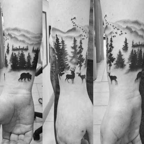 black and white forest tattoo by lefabiolemelo Boomerang Tattoo, Black And White Forest, Forest Tattoo, Men Masculine, Hunting Tattoos, Forest Designs, Deer Tattoo, Wrist Tattoos For Guys, Forest Tattoos