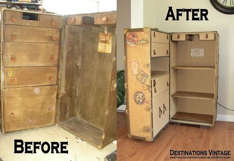 Wardrobe Trunk Upcycled Into Campaign Style Bookcase Steamer Trunk Makeover, Wardrobe Trunk, Cheap Closet, Trunk Makeover, Trunk Ideas, Style Bookcase, Vintage Trunk, Reclaimed Doors, Old Trunks