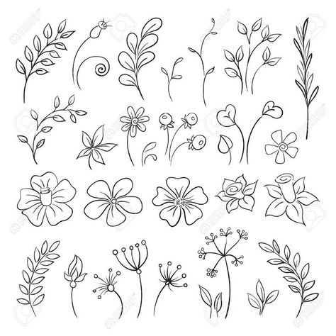 Doodle elements of Flowers, buds, leaves. Doodle Blumen Doodle Elements, Simple Flower Drawing, Leaves Doodle, Doodle Art Flowers, Arte Doodle, Floral Doodle, Floral Drawing, Pola Sulam, Kraf Diy