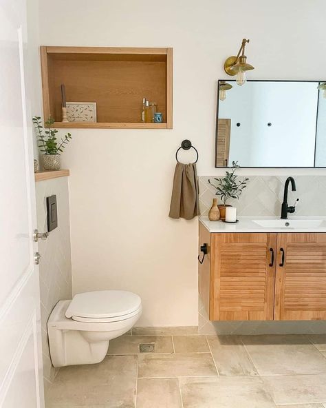 Wood Bathroom With Tiled Floors - Soul & Lane Floating Wood Vanity, Niche Shelf, 2024 Planning, Cosy Bathroom, Gray Tiles, Small Decorations, Tiled Floors, Rectangular Wall Mirror, Neutral Bathroom