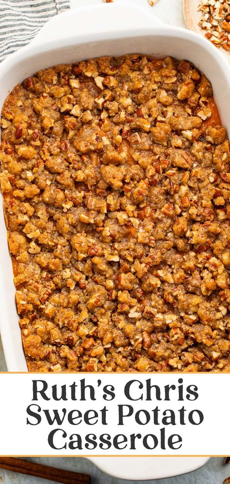 The recipe for Ruth’s Chris sweet potato casserole just can’t be beat! A simple but perfect sweet potato mash is topped with an absolutely delicious praline pecan topping. Your family will trash the marshmallow-topped classic the moment you bring out this wonderful dish, I promise! Ruth Chris Sweet Potato Casserole Recipe, Ruth Chris Sweet Potato, Ruth Chris Sweet Potato Casserole, Ruths Chris Sweet Potato Casserole, Best Sweet Potato Casserole, Sweet Potato Mash, Ruth Chris, Pecan Topping, Sweet Potato Recipes Casserole