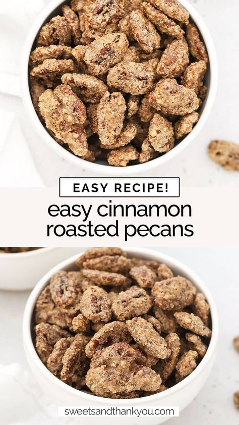 Our old-fashioned cinnamon roasted pecans recipe is so easy to make! You only need 6 ingredients and a few minutes to get started! homemade cinnamon pecans / cinnamon sugar pecans recipe / cinnamon sugar candied pecans / roasted cinnamon pecans / cinnamon sugar roasted pecans / Sugar Roasted Pecans, Cinnamon Roasted Pecans, Pecans Roasted, Roasted Pecans Recipe, Gluten Free Desserts Thanksgiving, Snack Pairings, Cinnamon Sugar Pecans, Sugar Pecans, Sugared Pecans