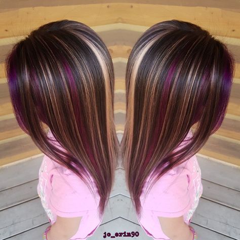 Highlights With Purple Lowlights, Purple And Blond Highlights, Brown Hair With Blonde And Purple Highlights, Dark Brown Hair With Blonde And Purple Highlights, Purple Blonde Hair Highlights, Purple Highlighted Hair, Blonde And Violet Highlights, Purple Blonde And Brown Hair, Plum Hair With Blonde Highlights