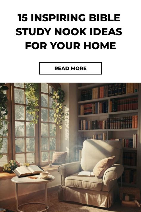 Cozy reading nook with a comfortable armchair, side table, and bookshelves by a window. Bible Study Area Ideas, Bible Study Space Ideas, Bible Study Nook, Bible Study Desk Setup, Bible Corner Ideas, Bible Study Room Ideas, Study Nook Ideas, Prayer Closet, Space Books