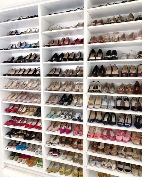 NEAT Method ® on Instagram: “Day 8 • Shoes. Shoe organization is all about shelving. If your closet doesn’t look like this 🙋🏼‍♀️, and space is tight, it might be time…” High Heels Closet Storage, Book Shelf Shoe Storage Ideas, Heels Organization Ideas, Shoe Collection Wall, Heels Storage Ideas, High Heel Storage Ideas, Closet Shoe Wall, Shoe Closet Aesthetic, Heels Organization