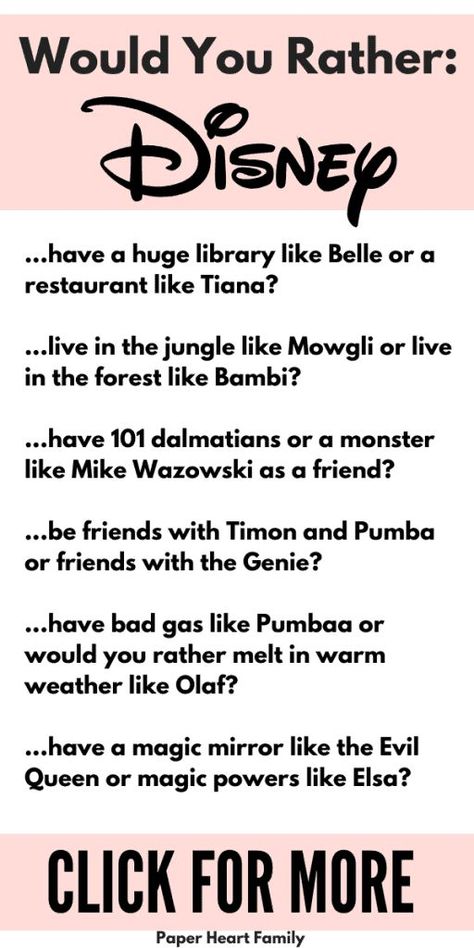 Disney would you rather questions and printable for kids, featuring their favorite movies and Disney princesses! Funny questions to ask the whole family! Disney Questions To Ask, Disney Would You Rather Questions, Would You Rather Questions For Teens, Would You Rather Questions Funny, Would You Rather Questions For Kids, Fun Polls, Silly Questions To Ask, Questions For Girls, Questions To Ask Your Kids