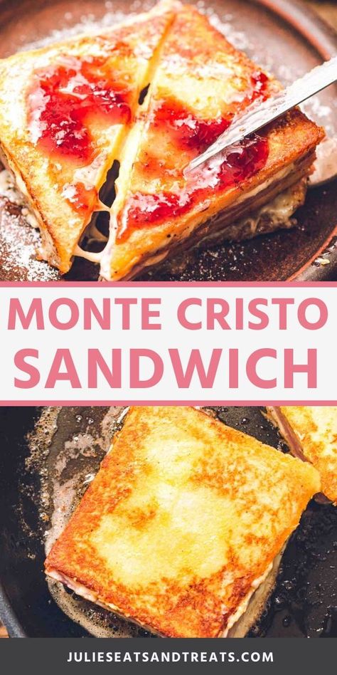 Monte Cristo Sandwiches are pan fried after dipping them in an egg batter for the ultimate grilled cheese! Stuffed with ham, turkey and cheese then dusted with powdered sugar and smeared with jam. #sandwich #recipe Montecristo Sandwich, Monte Cristo Sandwich Recipe, Grill Sandwich, Monte Cristo Sandwich, Best Sandwich Recipes, Grilled Ham, Toast Sandwich, Hot Sandwich, Grilled Cheese Recipes