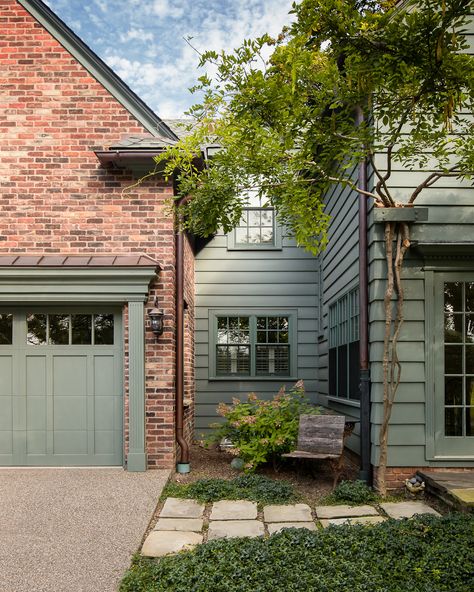 Birmingham, MI English Cotswold Room Addition - MainStreet Design Build Red Brick House Exterior, Green Siding, Red Brick Exteriors, House Paint Color Combination, Exterior House Paint Color Combinations, Home Exterior Makeover, Red Brick House, Brick Exterior House, Exterior Color Schemes