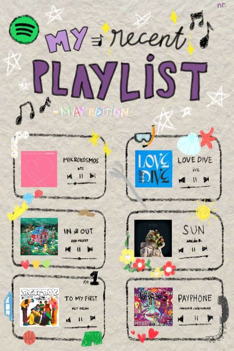 some songs from my recent playlist Music Playlist Graphic Design, Spotify Inspired Design, Playlist Design Ideas, Playlist Poster Design, Playlist Template Aesthetic, My Playlist Journal, Playlist Graphic Design, Playlist Layout, Playlist Collage