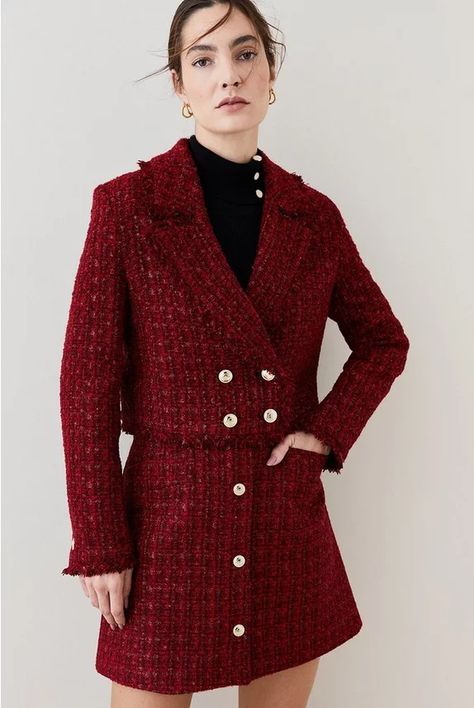 Red Tweed Jacket Outfit, Red Tweed Jacket, Fashion Over The Decades, Tweed Jacket Outfit, Fashion Week Dresses, Cropped Wide Leg Trousers, Classic Skirts, Tweed Pencil Skirt, Skirts With Boots