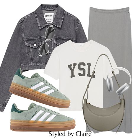 Grey aesthetic with a pop of colour! The outfit features a cropped dark wash denim jacket, ysl vintage tshirt, maxi skirt and the new drop of adidas gazelle bold in silver green. Fashion inspo outfit ideas for summer autumn transitional wardrobe city break Adidas Bold Outfit, Green Gazelle Outfit, Tshirt Maxi Skirt, Green Gazelle Adidas Outfit, Adidas Gazelle Bold Outfit, Gazelle Bold Outfit, Green Gazelle, Adidas Gazelle Grey, Adidas Sneakers Outfit