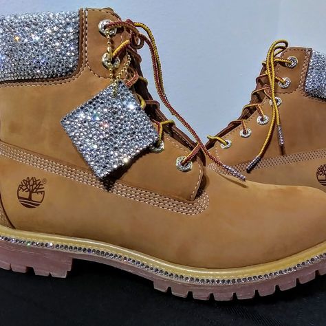 Custom Timberland Boots, Timberland Custom, Shoe Hacks, Crystal Wedding Shoes, Timberland Logo, Boot Stand, Wedding Sneakers, Shoe Designs, Boot Bling