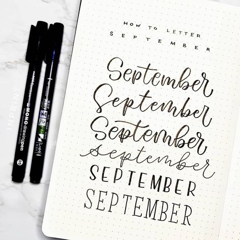 How To Write September In Calligraphy, Month Hand Lettering, September Hand Lettering, September Font Hand Lettering, September Header, September Bujo Theme, Calendar Lettering, September Calligraphy, September Font