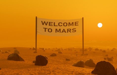 Premium Photo | Martian landscape with a sign that says "welcome to mars" and the sun illuminates from behind. 3d rendering Mars Decorations, Martian Landscape, Art Assessment, Space Western, Expo Ideas, Space Center, Movie Themes, The Martian, 3d Rendering