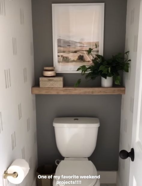 Bathroom Shelves Over Toilet Minimalist, Shelf In Toilet Room, Floating Shelf In Bathroom Behind Toilet, Adding Half Bath Small Spaces, Floating Shelves In Toilet Room, Toilet With Shelves Above, Decor Above Toilet Small Baths, Shelves Above Toilet Powder Room, Floating Shelf Behind Toilet