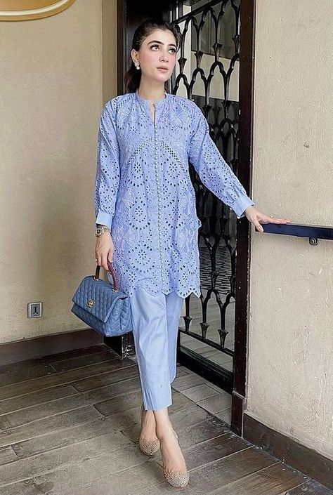 Pin by ayesha sadiqa on Desi in 2022 | Designer outfits woman, Simple pakistani dresses, Boutique dress designs Summer Kurta Design For Women, Chikenkari Dress Ideas Pakistani, Chikan Dress Design, Chikenkari Dress Ideas, Hakoba Kurta Designs, Chicken Dress, Chikankari Kurta, Trendy Shirt Designs, Pakistani Fashion Casual