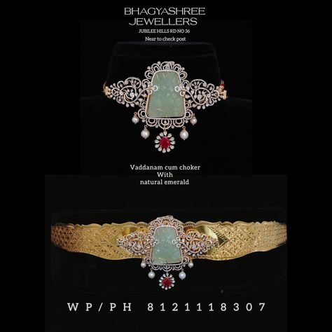 Presenting A Beautiful Vaddanam cum Choker Studded with Natural Emerald & Diamonds EF-VVS IGI CERTIFIED. Visit us for exclusive designs at maximum discounted prices. For Video call no 8121118307 Free Shipping in INDIA. #bhagyashreejewellers #diamondvaddanam #diamonds #diamondharam #diamondchowker #DiamondChoker #diamondchokerset #diamondcollection #bridalsets #weddingcollection #freeshipping #BridalWeddingSet #bridaldiamond #bridaldiamonds #diamondvaddanam #jubileehillsroadno36 #weddin... Diamond Vaddanam Design, Hip Chains, Diamond Vaddanam, Vaddanam Designs, Belt Gold, Hip Belt, Diamond Choker, Gold Designs, Jewellery Gold