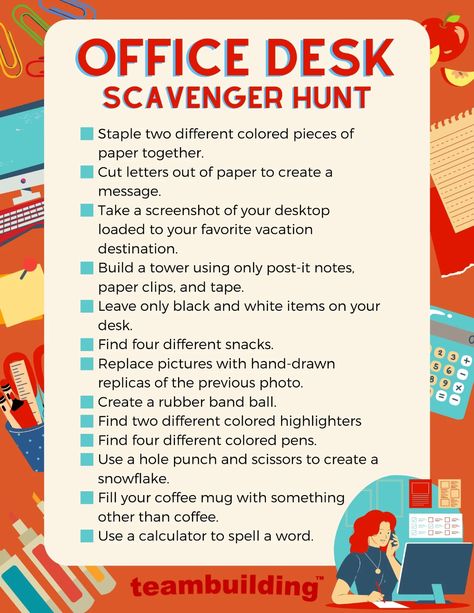 9 Fun Office Scavenger Hunt Ideas & Templates for 2022 Fun Work Place Competitions, Employee Scavenger Hunt, Fun Activities For Office Team Building, Office Scavenger Hunt Team Building, Work Scavenger Hunt Ideas, Scavenger Hunt Ideas For Workplace, Virtual Scavenger Hunt Ideas For Work, September Office Activities, Office Scavenger Hunt Ideas