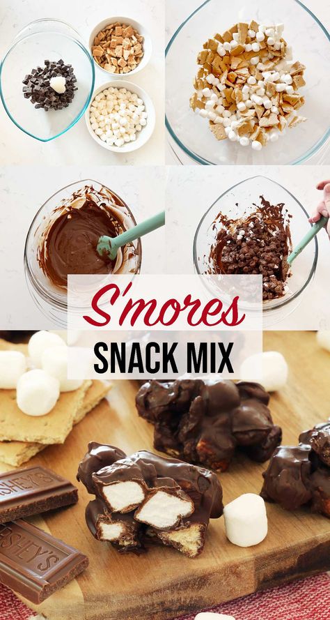 This no bake S'mores snack mix recipe makes the most delicious S'mores clusters. These S'mores bites are only 4 ingredients and only takes minutes to make. Make Fannie May S'mores snack mix at home! Smores Snacks, Smores Bites, Snack Mix Recipe, Smore Recipes, Trail Mix Recipes, Chocolate Peanut Butter Fudge, Snack Mix Recipes, Snacks To Make, Peanut Butter Fudge