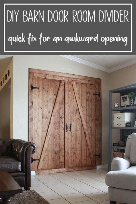 DIY Barn Door Room Divider - A great solution to any problem opening that you don't want to permanently close in. Renter friendly option as well since you can just remove a couple screws when you leave! Easier to build this than do drywall work too! #fauxbarndoor #renterfriendlydecor #barndoor #diyroomdivider via @theinspiredworkshop Barn Door Room Divider, Door Room Divider, Doors Diy, Shiplap Wall Diy, Door Room, Door Coverings, Diy Barn, Diy Room Divider, Room Divider Doors