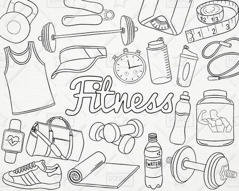 Workout Clipart, Exercise Clipart, Gym Clipart, Fitness Vector, Fitness Stickers, Doodle Background, Drawing Exercises, Drawing Quotes, Bullet Journal Doodles