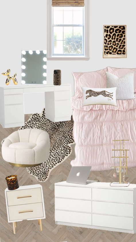 cheetah glamour room #cheetah #roominspo #glamour #cheetahprint Master Bedrooms Decor Leopard, Cute Room For Teenagers, Lepord Room Idea, Pink Cheetah Bedroom Ideas, Teen Room Aesthetics, Pink And Gold Aesthetic Room, Pink Dorm Decor Ideas, Room Ideas Gold And Pink, Pink Cheetah Bedroom