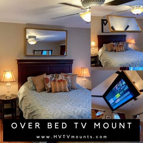 This TV mount and picture frame by Hidden Vision extends a TV over your bed for comfortable viewing while laying down.  There are multiple picture frames to choose from or you can use your own.  You can also order this with a mirror or artwork. Hidden Tv Mount, Vanity In Bedroom, Master Suite Addition, Hidden Tv, Podcast Studio, Parents Room, Wood Pallet Wall, Tv Mounts, Tv Mount