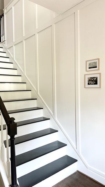 Jeralyn Conklin on Instagram: "Here is the highly requested tutorial on how we did the stairs! Sorry I didn’t post it sooner! I hope it helps! More details can be found in my “stairs” highlight and all of the materials and costs are in a previous reel! #diy #diyprojects #diyersofinstagram #howto #tutorial #homeimprovement #homerenovation #stairs #entryway #entrywaydesign #interiordesign #homeinterior #homesweethome" Stairwell Wainscoting Staircases, Diy Wall Molding Stairs, High Wainscoting Hallway, Basement Stairwell Wainscotting, Board And Batten Stairs Stairwells, Basement Stair Remodel, Paneling Up Stairs, Shiplap Wall Stairs, Board And Batten On Stairs