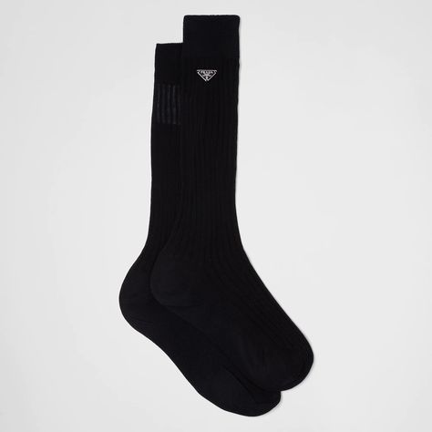 Prada Socks, Triangle Logo, Cotton Socks, Mid Calf, Black Cotton, Ribbed Knit, Prada, Ready To Wear, Pajamas