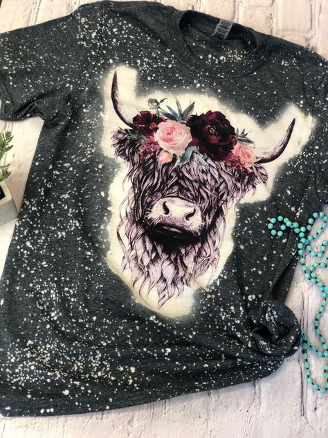 Stay in style with our bleached shirts for women! This Highland Cow Shirt is such a cute and fun way to express your style and personality! ABOUT OUR SHIRTS: These bleached shirts are a soft unisex, polyester/cotton blend t-shirt; relaxed fit that fits true to size. Each piece goes through a unique bleaching process, therefore no two tees will look alike. Images are pressed using professional sublimation dye inks with an industrial grade heat press. Sublimation process is meant to have a vintage Cow Shirts For Women, Cute Cattle, Cow Shirts, Bleach Shirt Diy, Country Girl Shirts, Bleached Shirt, Bleach T Shirts, Cow Shirt, Cute Shirt Designs