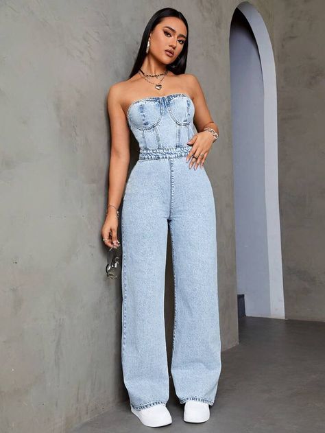 Dark Wash Casual Collar Sleeveless Denim Plain Tube Embellished Medium Stretch Women Clothing Denim Jumpsuit Outfit, Outfits Blazer, Semi Formal Outfit, Tube Jumpsuit, Looks Country, Shein Icon, Jumpsuit Outfit, Spring Summer Dress, Bustiers