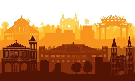 Philippines famous landmarks by silhouette style Philippines Background Design, Philippine Background, Philippines Background, Philippine Landmarks, Vigan Philippines, Philippine Architecture, Multicultural Art, Filipino Architecture, Philippines Cities