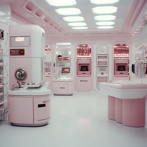 Science Lab Aesthetic, Pink Mecha, Pink Laboratory, Plushie Room, Scifi Lab, Y2k Backgrounds, My Room Aesthetic, Futuristic Room, Futuristic Office