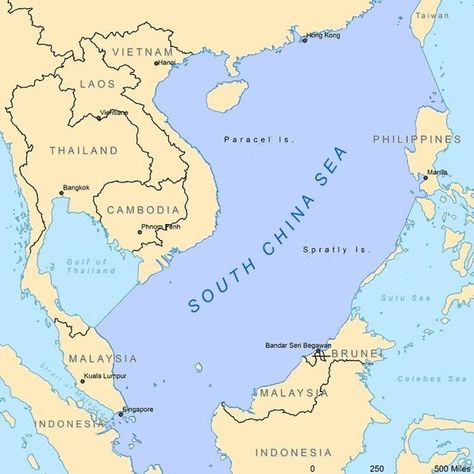 A map of the South China Sea. Spratly Islands, Bandar Seri Begawan, Sea Map, Strait Of Malacca, Star Ferry, China Map, Infographic Map, Bay Of Bengal, India Map