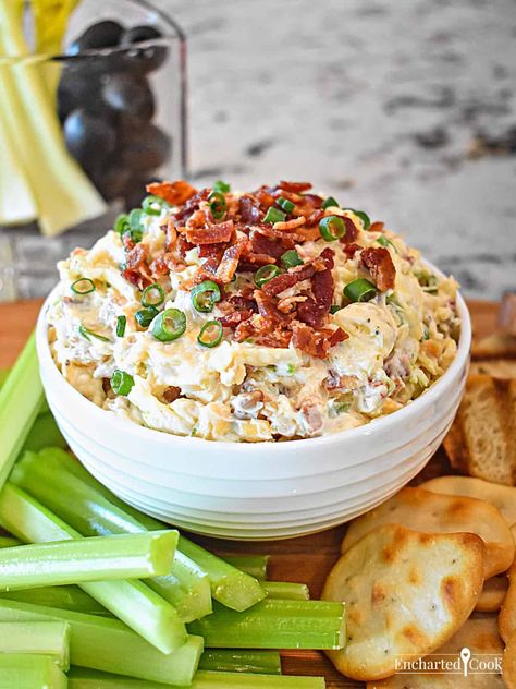 Neiman Marcus Million Dollar Dip is rich just like its name implies. It is creamy, cheesy, and loaded with bacon, almonds, and sliced green onions. If you are looking for the best cheese dip recipe for entertaining anytime and anywhere, this is the one! Neiman Marcus Dip Recipe, Million Dollar Cheese Dip, Neman Marcus Dip, Nieman Marcus Dip, No Cheese Appetizers, Savoury Dips, Best Cheese Dip, Football Munchies, Million Dollar Dip Recipe