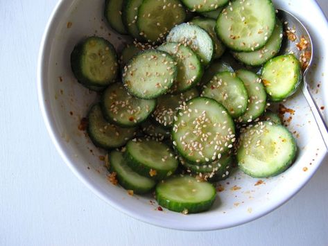 Easy Korean Pickled Cucumber Banchan Cucumber Banchan Recipe, Cucumber Korean, Cucumber Banchan, Korean Pickled Cucumber, Kimchi Kimbap, Bulgogi Chicken, Banchan Recipe, Korean Banchan, Birthday Feast