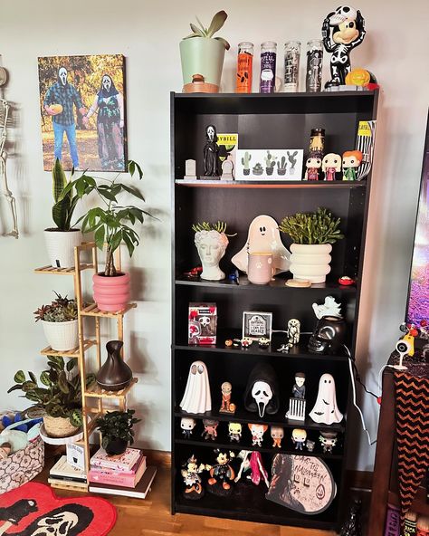 My favorite little spot in our movie room 💕 my horror shelf and my plant shelf. 🦴🪴 if only I had more 😂 Cube Shelf Decor Aesthetic, Horror Collection Display, Horror Shelf, Movie Shelf, Artistic Bedroom, Horror Room, Artist Bedroom, My Plant, Dark Home Decor