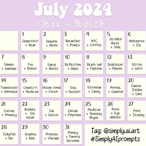 July is finally here~ This is my first AI challenge that I’ll be hosting, everyone is welcome to join! I thought it would be fun to mix & match words. You can interpret these prompts any way you wish, just have fun with it. I don’t mind late submissions either. Can’t wait to see your creativity unleash! 28th is Jellyfish + hat 🪼👒 ✨ Tag me @simply.ai.art ✨ #SimplyAIprompts ✨ Tag 5+ At the end of the month I will post my favourites of each day in my highlights 💕 Would you please get my firs... Jellyfish Hat, Carnival Cakes, Nyc Dresses, Drawing Prompts, Everyone Is Welcome, Drawing Prompt, Candy Desserts, Each Day, Jellyfish