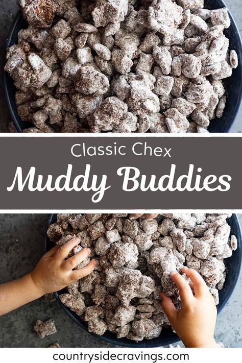 Muddy Buddies or Puppy Chow is a classic dessert made with Chex Cereal! This irresistible snack combines crunchy Chex coated in a blend of chocolate, peanut butter, and powdered sugar, perfect for snacking and dessert time. Muddy Buddies Recipe Original, Pistachio Muddy Buddies, Original Puppy Chow Chex Mix Recipe, Sweet Checks Mix Recipes, Chex Puppy Chow Recipe, Easy Sweet Snack Recipes, Peanut Butter And Powdered Sugar, Puppy Chow Chex Mix, Puppy Chow Chex