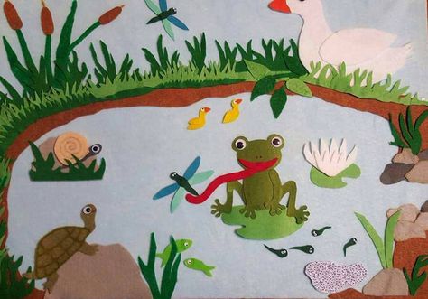 Pond Habitat Pond Life Crafts For Toddlers, Pond Habitat Projects For Kids, Pond Life Preschool Activities Art Projects, Pond Bulletin Board, Pre K Pond Life Activities, Pond Life Books For Preschool, Pond Habitat, Diy Felt Board, Friendly Fox