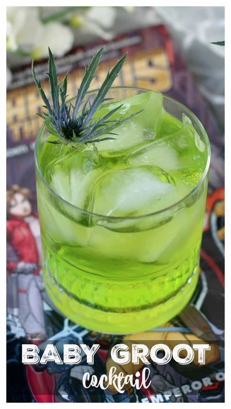 Baby Groot Cocktail | Marvel cocktail | superhero cocktail Frozen Champagne, Rum Party, Disney Cocktails, Disney Drinks, Superhero Movie, Tipsy Bartender, Themed Drinks, Boozy Drinks, Baby Groot